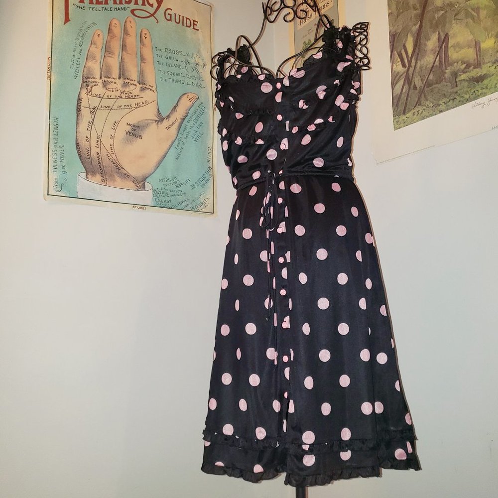 SOLD Vtg 90s Y2K Button Up Ruffled Pink Polka Dot Black Prairie Dress Jumper M